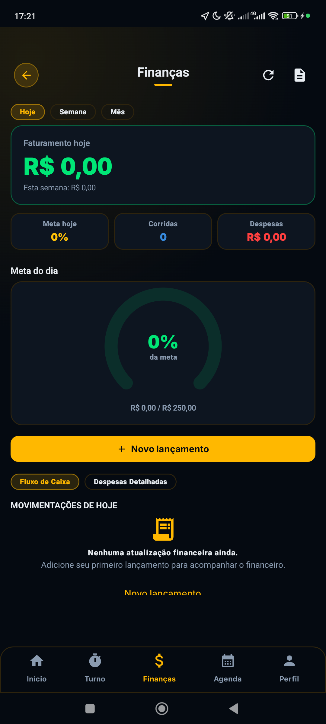 Finanças do dia no app Android
